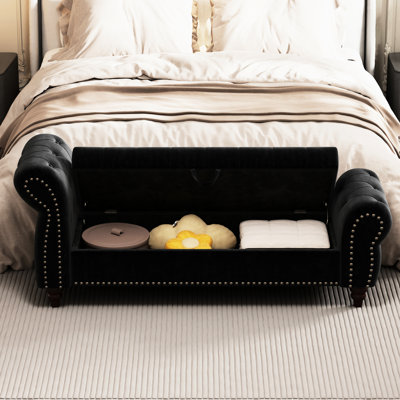Banc de chambre en velours noir avec rangement coulissant - Chaise longue inclinable 64,5 po