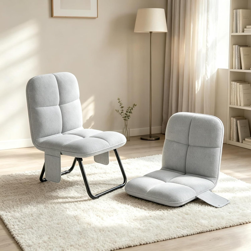 Chaise de sol pliable avec dossier rabattable et poignée de transport, Lin gris