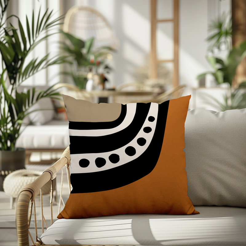 Oreiller carré réversible intérieur / extérieur Tobe Minimalist, H 17 po x l 17 po, Orange brûlé / noir / blanc cassé