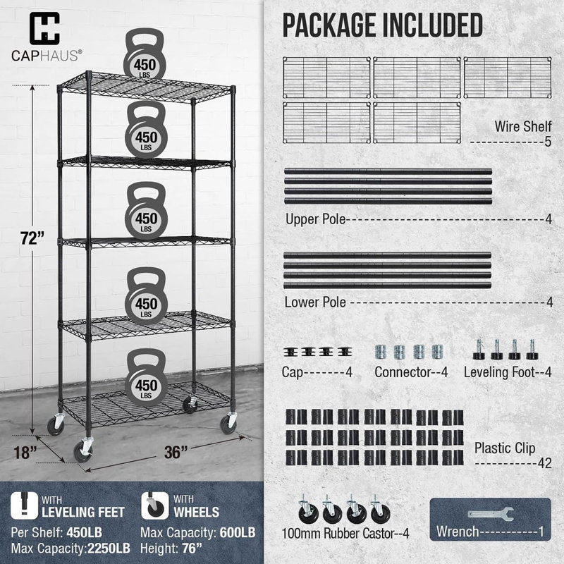 Heavy Duty Silver Grey 5-Tier Metal Shelving Unit with Wheels