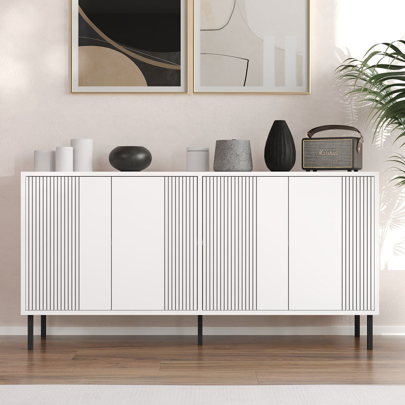 Modern Console Table with Push-to-Open Doors, White, 59.1 x 29.5 x 14.2 inches | 100% Melamine Coated Particle Board, Metal Legs | Wall-Mountable with Multiple Shelves | Elegant Design for Home & Office