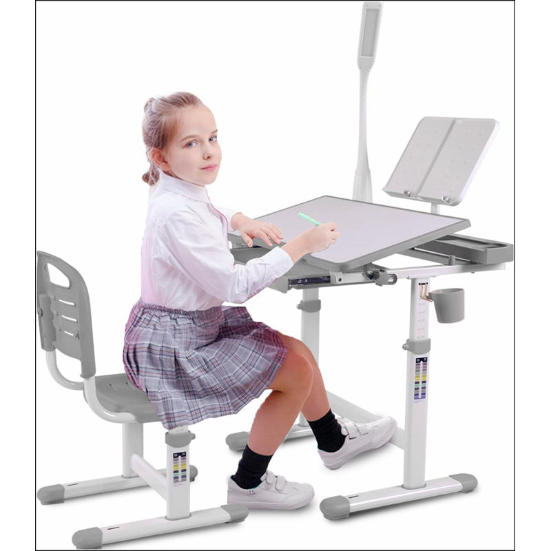 Desk for Kids Desk and Chair Set Kids Art Desk Drafting Table Desk Set with Adjustable Height, 40-Degree Tiltable Children Desktop, LED Light,Bookstand