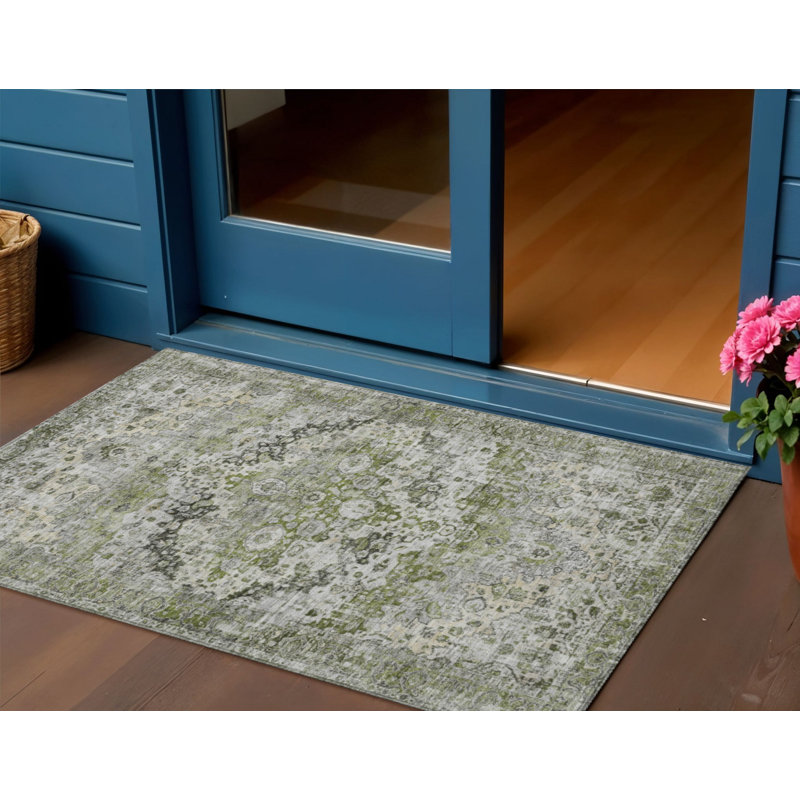 Tapis intérieur/extérieur lavable, 90 x 150 cm, motif floral vert artichaut, gris et argent.