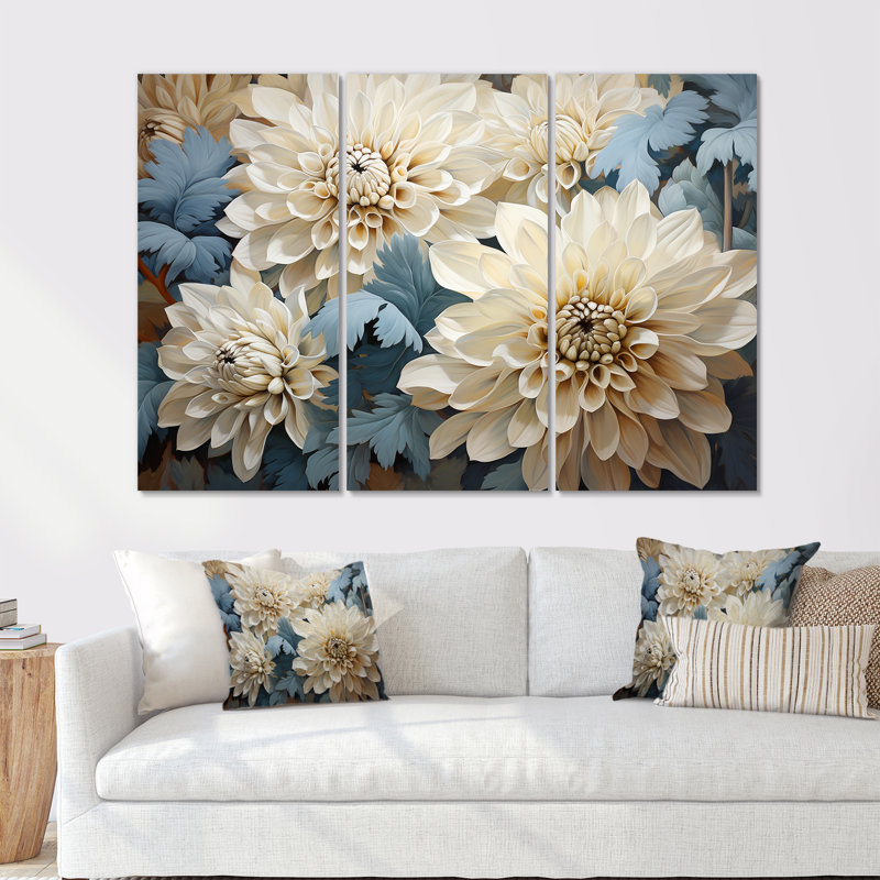 «Chrysanthemums White Blue Mosaic Garden II - Chrysanthemums», ensemble d'art sur toile, Toile tendue