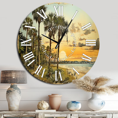 Vintage Florida Collage Palm Trees And Beach V - Florida White Face Wall Clock