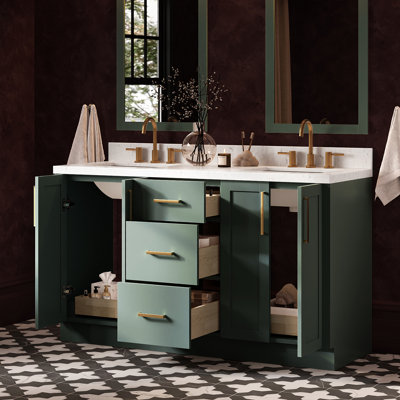 Meuble-lavabo double rectangulaire de 152 cm (60 pouces) avec comptoir en quartz blanc de Carrare de 3,8 cm (1,5 pouce) d'épaisseur, couleur vert vintage