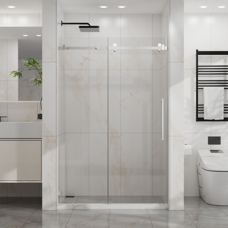 Porte de douche coulissante sans cadre de l 44 à 48 po x H 72 po, verre trempé de 1/4 po à largeur réglable et fonctionnement silencieux