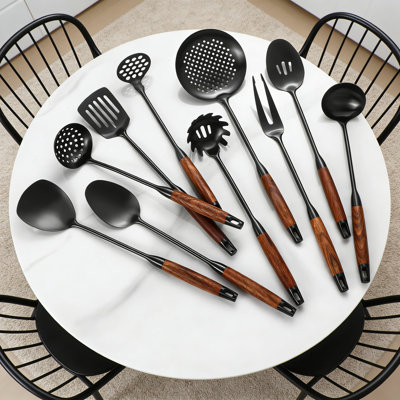 10-Piece Stainless Steel Kitchen Utensil Set With Wooden Handles - Professional Cooking Tools Including Spatula, Ladle, Skimmer, Slotted Turner, Spoon, Fork, And Masher