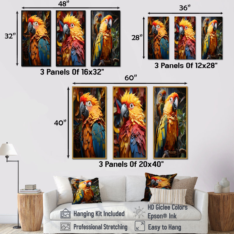 «Yellow Parrots Golden Conversations», ensemble de 3 reproductions d'art sur toile, Cadre flottant brun, H 32 po x l 48 po