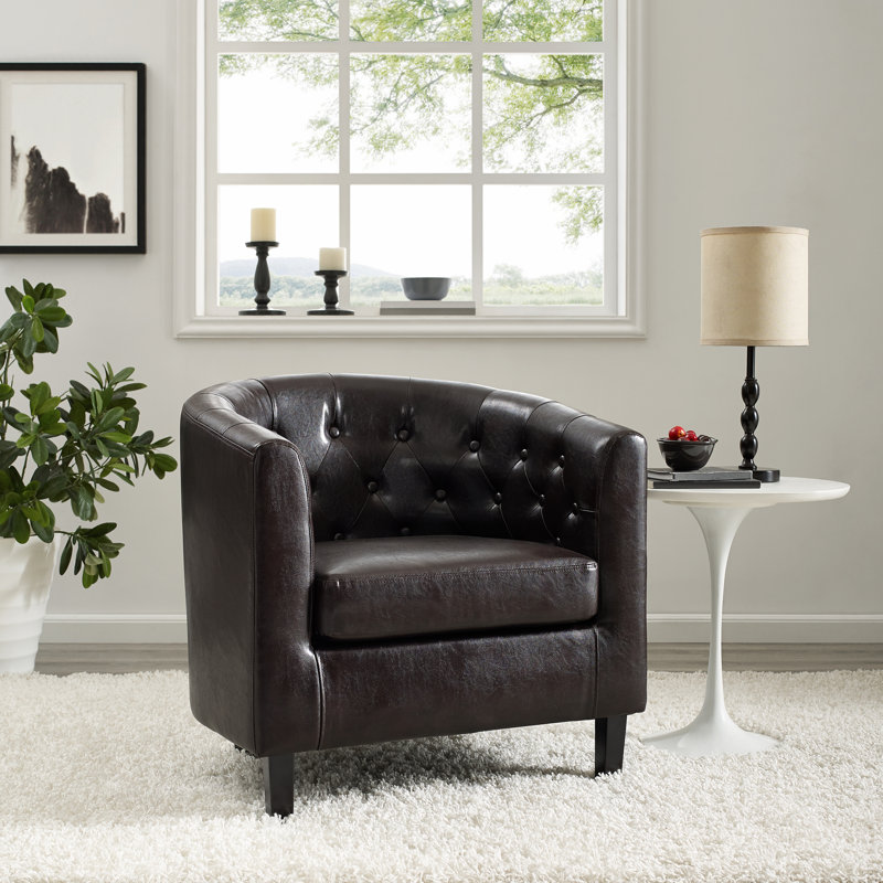 Cecelie Upholstered Barrel Chair, Tufted Faux Leather Barrel Chair, Stylish Upholstered Accent Chair for Living Room