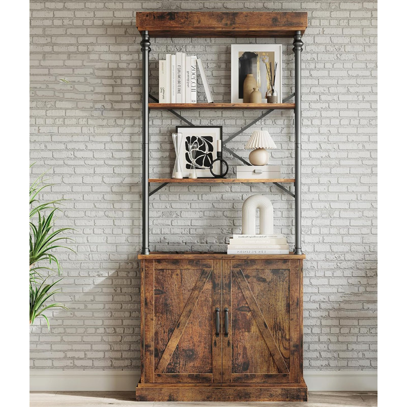 73" 4-Tier Farmhouse Bookshelf with Cabinet Storage, Solid Wood Base & Roman Column Frame, Brown