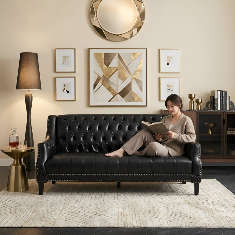 Mid Century Faux Leather Sofa With Solid Wood Legs, Tufted Button Back Sofa For Bedroom/Lliving Room/Guest Room, Black