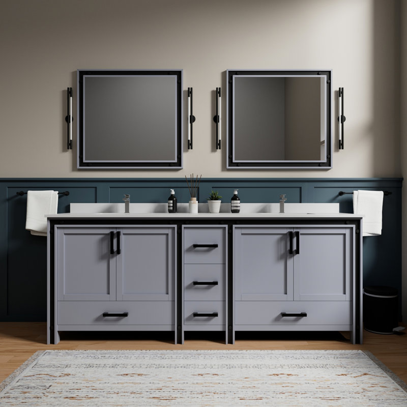 Meuble-lavabo double gris foncé l 84 po x P 22 po - comptoir et robinet en marbre, fermeture en douceur, deux armoires et cinq tiroirs de rangement L 22 po avec fonction de fermeture incluse
