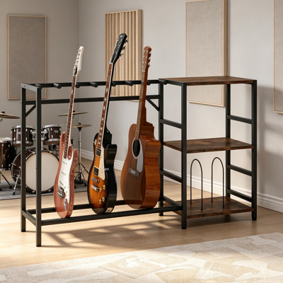 Guitar Stand with Record Player Stand, Guitar Rack for 7 Guitars Bass Acoustic Display for Home Music Studio