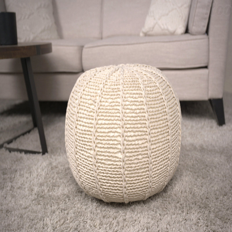 Bordeaux Knitted Cotton Round Pouf, Beige Cotton