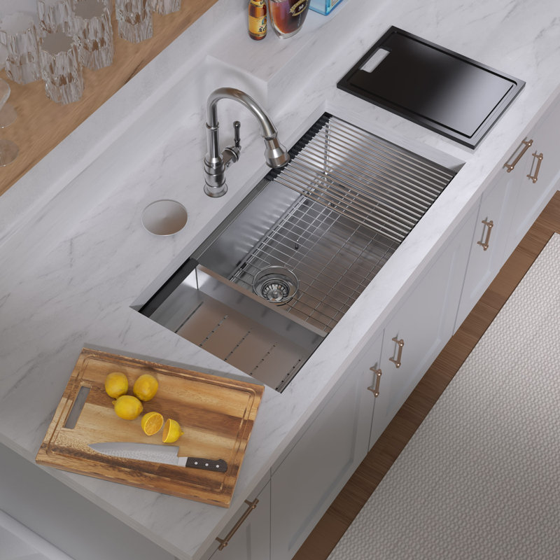 Whitehaus 36" Undermount Single Bowl 16 Gauge Brushed Stainless Steel Workstation Sink With Accessories, 36"