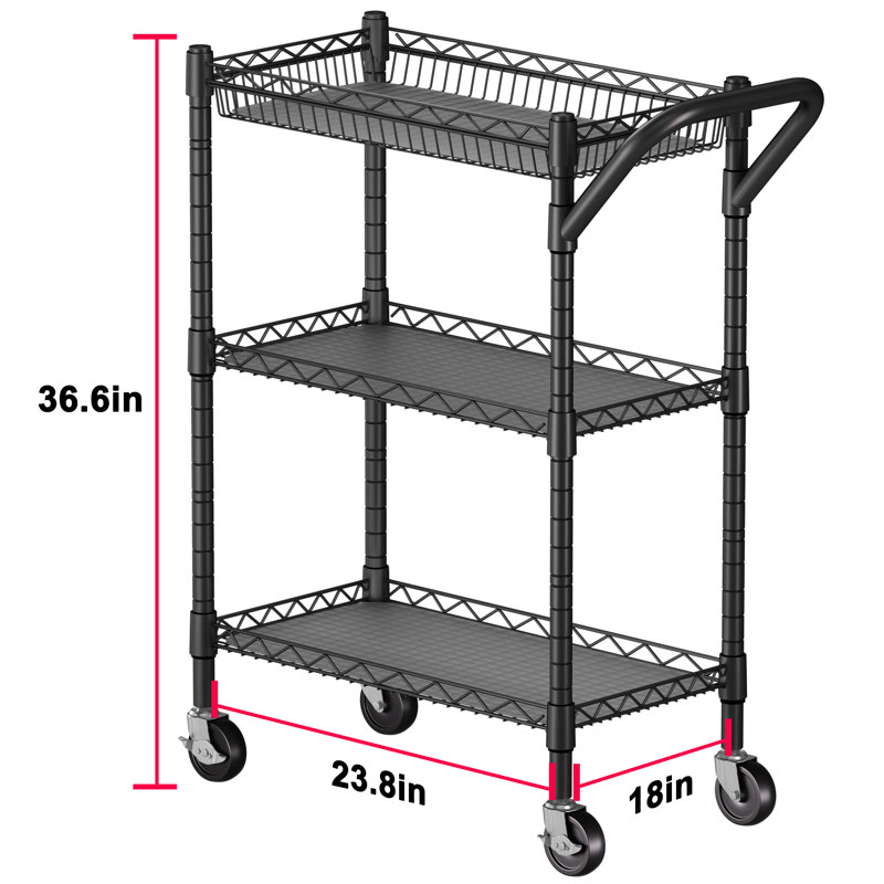 Commercial 3-Tier Utility Cart with Adjustable Shelves & Locking Wheels, Black