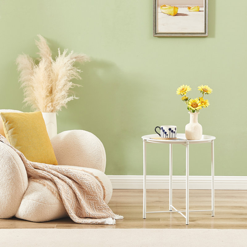 Small Round Side Table with Removable Tray, Folding Accent Table for Bedroom, Balcony, and Garden, Beige