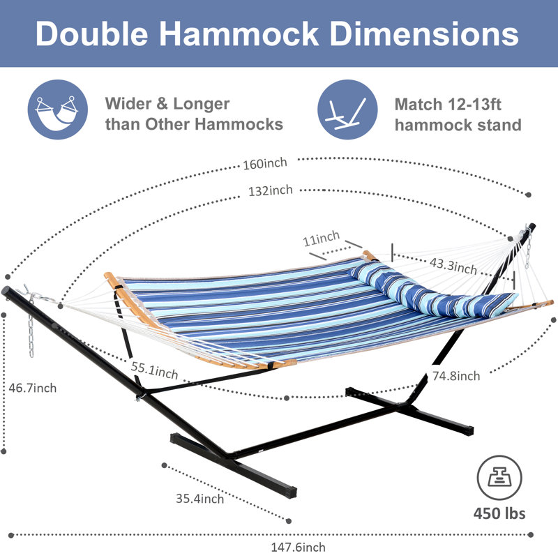 Grand hamac double de 55 pouces avec support Cruce, capacité 450 lb, Cruce, Noir / bleu / rayure turquoise