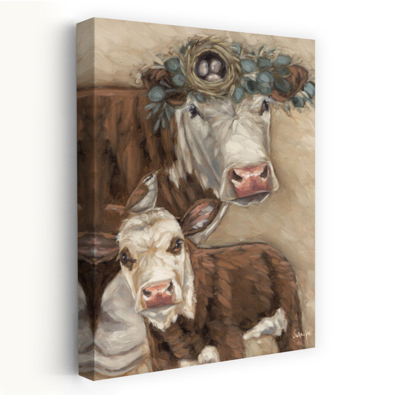 New Tenants - Art contemporain fantaisiste de vaches brunes et blanches, H 24 po x l 16 po