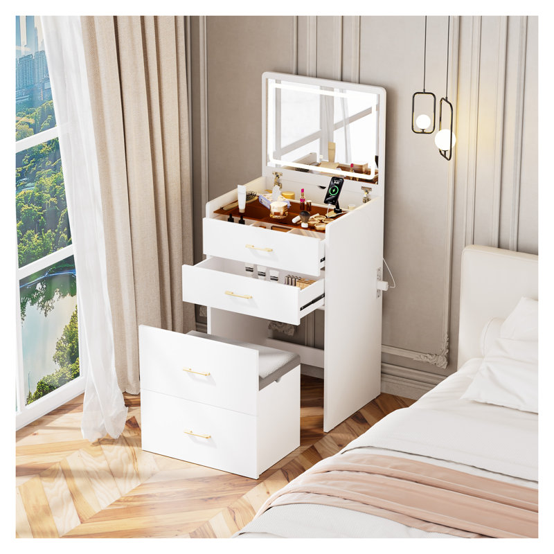 Bureau de coiffeuse 3 en 1 avec miroir ouvert, ensemble de coiffeuse en verre avec station de charge, 3 tiroirs et tabouret rembourré - Coiffeuse compacte pour l'organisation de la chambre à coucher