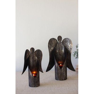  Ensemble de 2 porte-bougies ange en métal rustique, H 19 po