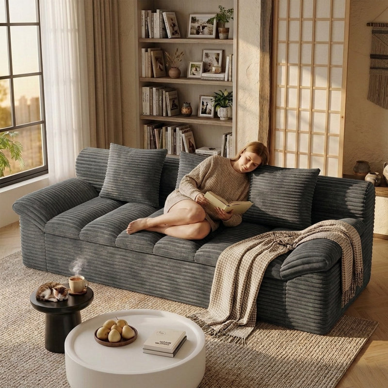 Causeuse de 71 po avec accoudoirs inclinables et coussin double 71 po., Gris foncé