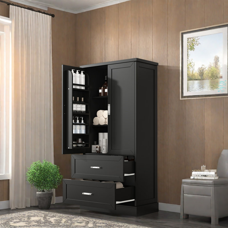 Armoire de rangement haute avec deux portes et tiroirs, Noir