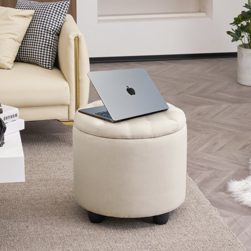 Modern Round Storage Ottoman, 18.75"W Linen Upholstered Pouf Stool with Hidden Storage for Living Room, Bedroom, Beige Linen
