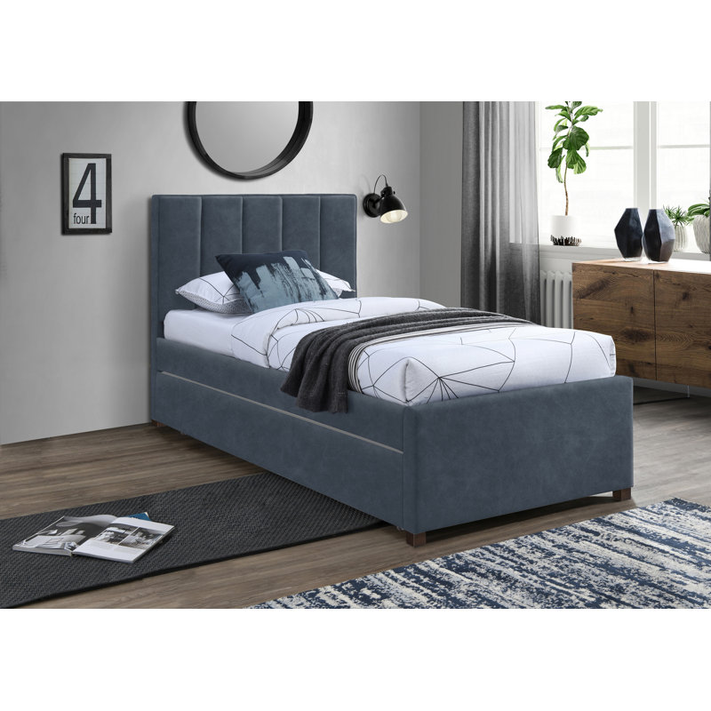 Lit plateforme tapissier Glowacki, Bleu marine en cuir végétalien
