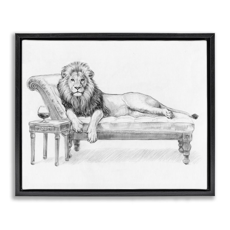 Cadre flottant Lounging Beast Lion, design par Victoria Barnes, H 25 po x l 31 po, Cadre flottant noir de jais