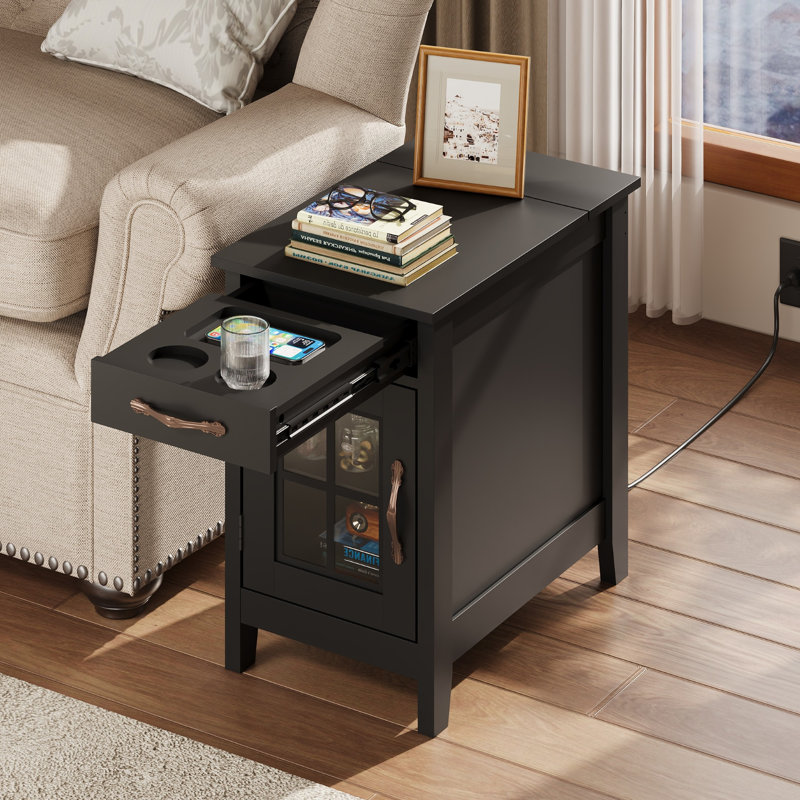 Analiesa 23.6"H Tall End Table With Charging Station and Storage, Narrow End Table, Nightstand With USB Ports And Outlets, Side Table For Bedroom, Living Room