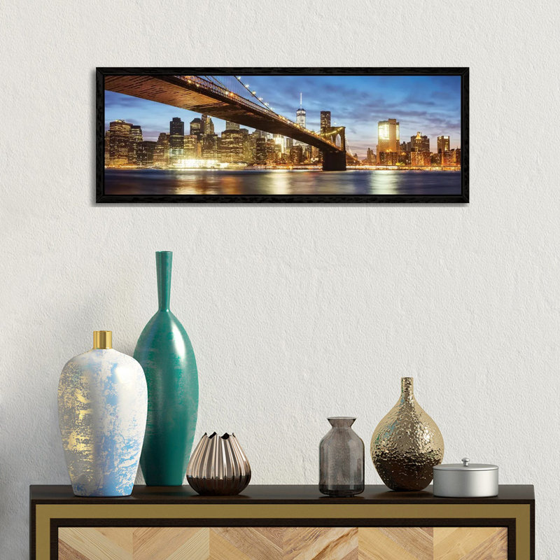 Brooklyn Bridge Panoramic, New York by Matteo Colombo - Panoramic Gallery-Wrapped Canvas Giclée on Canvas, Black Framed