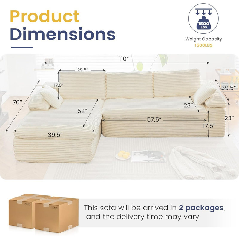 110" L Shaped Modular Sectional Sofa For Living Room, Beige