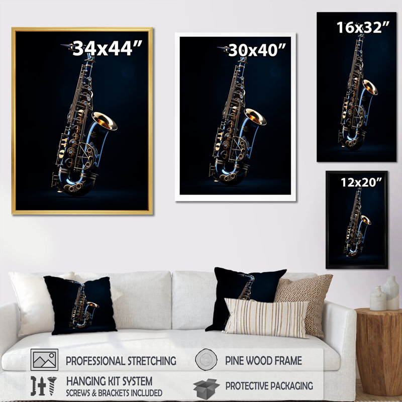 Saxophone Midnight Blue I - musique encadrée, art mural, Cadre flottant noir, H 32 po x l 24 po x P 1 po