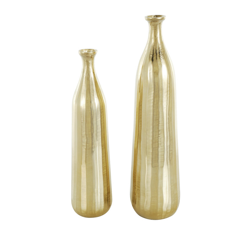 Ingetrud Aluminum Metal Decorative Silver Vase with Wavy Accents and Textured Ridges Set, Gold