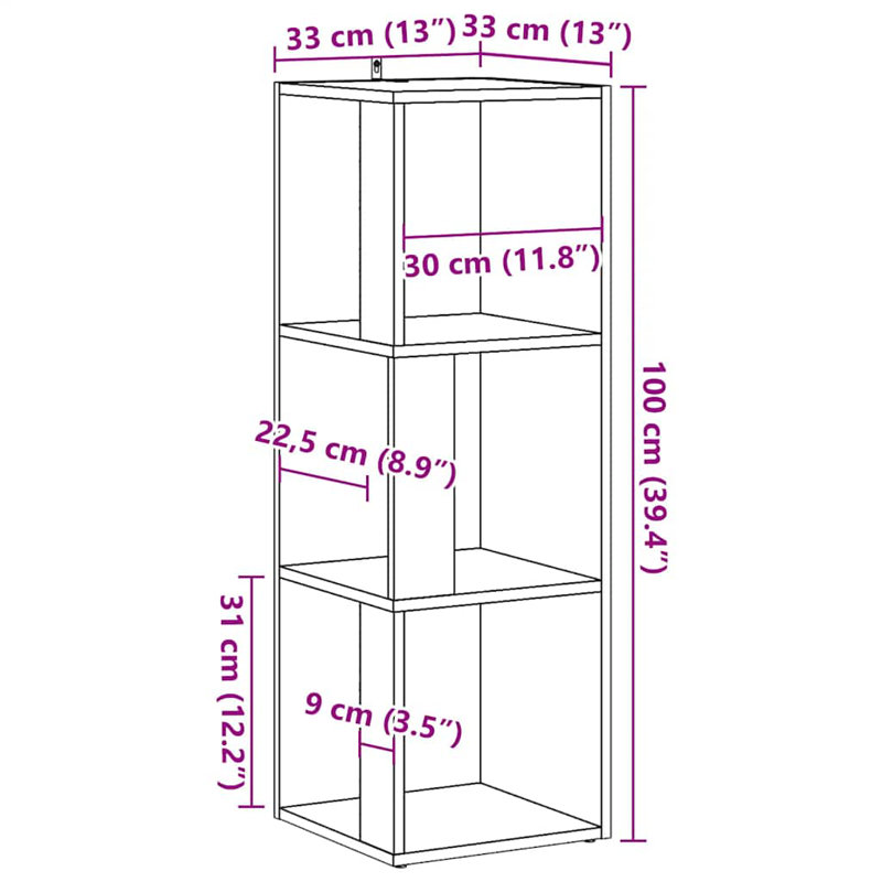 33cm W Corner Bookcase, 3 Shelves (100cmH x 33cmW x 33cmD), Old Wood