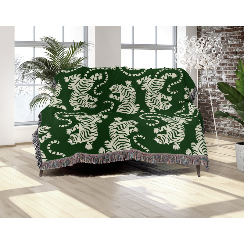 Jeté en mélange de coton Leonard Tiger, L 60 po x l 50 po, Vert / blanc cassé