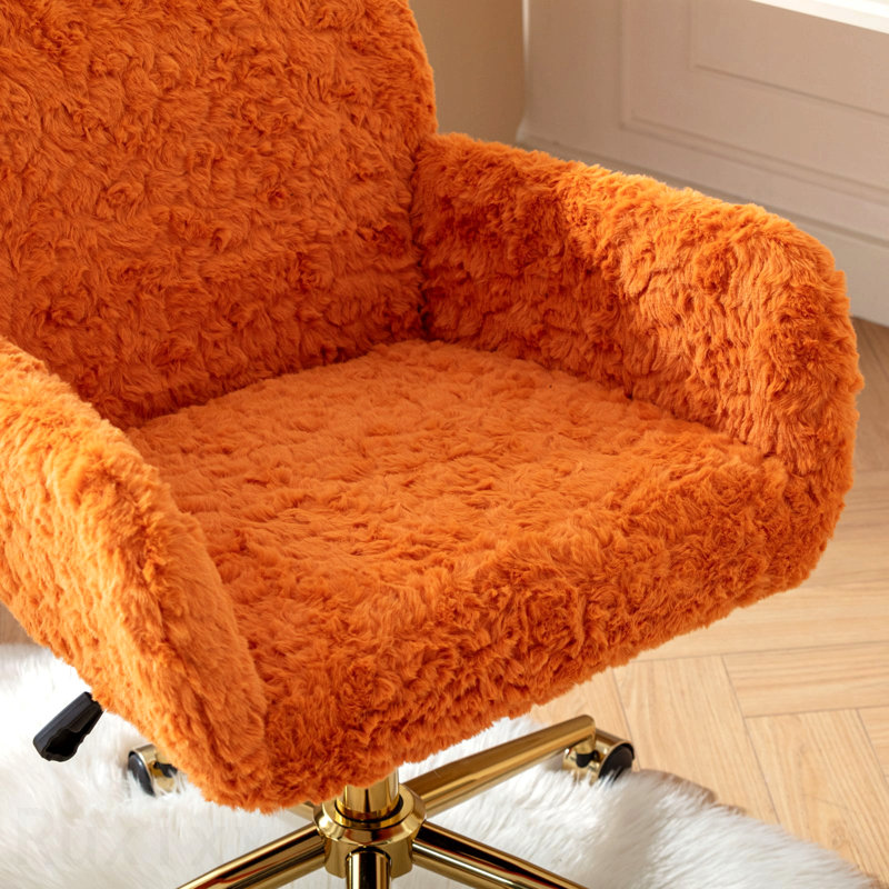 Fauteuil de bureau orange, fauteuil de bureau en poils de lapin artificiel, avec base en métal doré, fauteuil de bureau pivotant réglable, fauteuil de coiffeuse