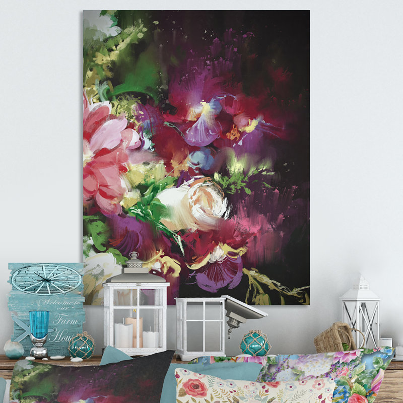 Abstrait bouquet de fleurs roses abstraites - reproduction sur toile, H 20 po x l 12 po x P 1 po, Toile tendue