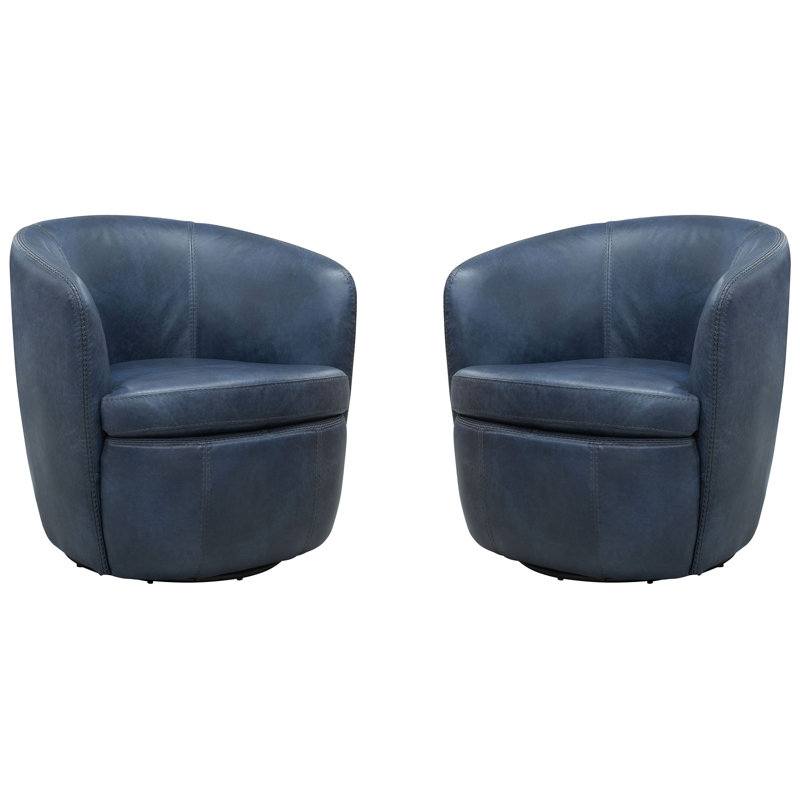 Azurdee Top Grain Genuine Italian Leather Swivel Barrel Chair (Set of 2), Vintage Navy