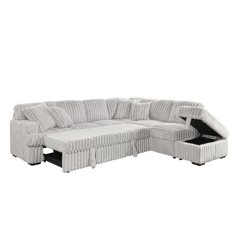 Canapé-lit modulaire en forme de L avec repose-pieds Corduroy, Velours côtelé gris