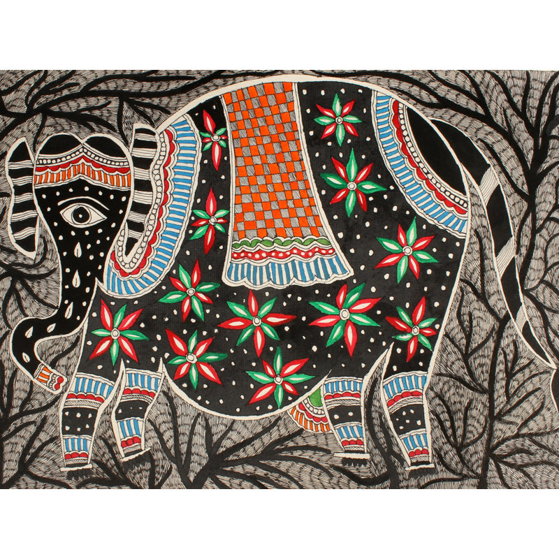 Éléphant noir | Peinture Madhubani | Couleurs naturelles sur papier fait à la main