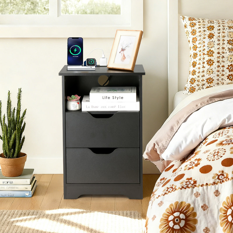 15.7" Black Nightstand, P2 Particleboard, Matte Melamine, Handleless, 2 Drawers, US Outlet (2 Pcs), Black