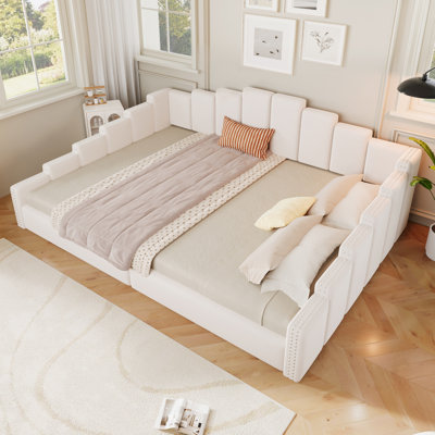 Grand lit de jour rembourré, structure de lit plateforme en velours avec garniture cloutée, style chesterfield, aucun sommier nécessaire