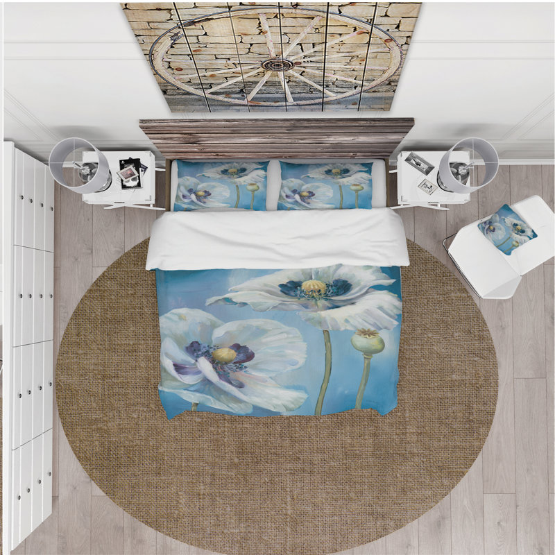 White Flower on Blue I - Ensemble de housse de couette Farmhouse - Microfibre de polyester