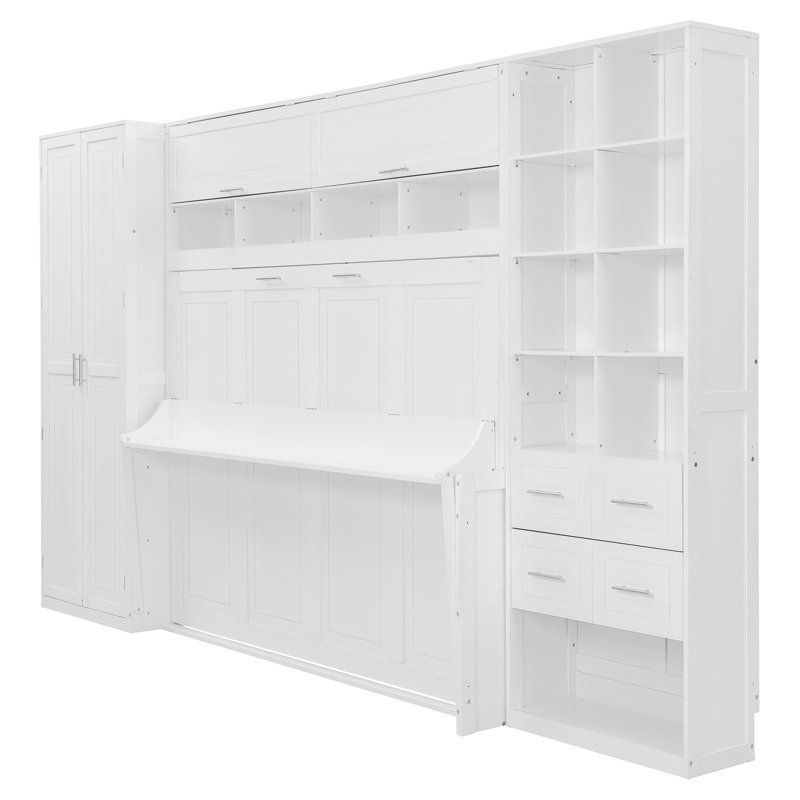 Lit escamotable avec rangement, armoire, bibliothèque et tiroirs, Blanc, Plein