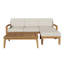 Ensemble de canapé d'angle 3 places en bois d'acacia pour terrasse, style transitionnel, avec pouf et table basse. Conception à lattes, coussins résistants à l'eau pour jardin.