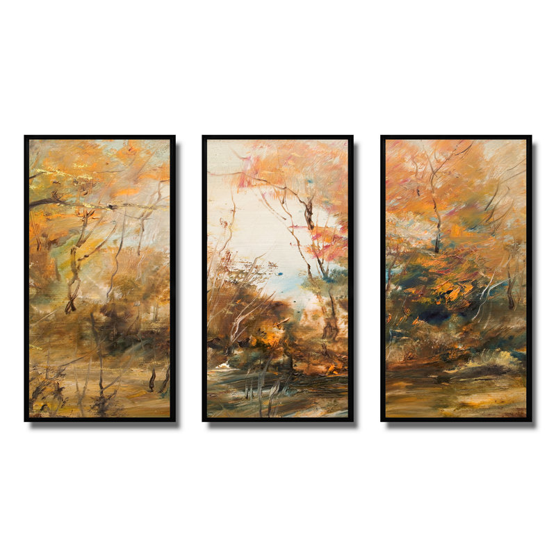 Forêt en automne, ensemble de 3 peintures à l'huile sur toile encadrées, L 36 po x H 28 po, Noir