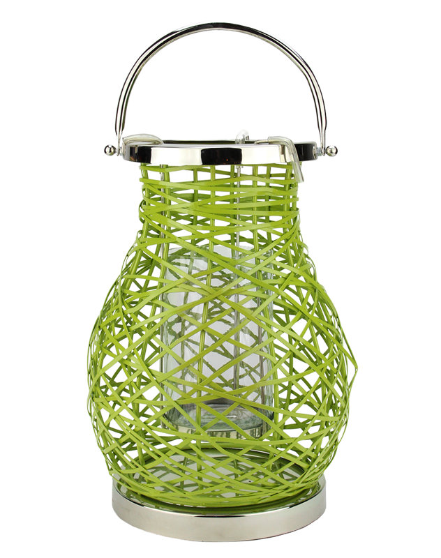 Modern Decorative Woven Iron Pillar Candle Lantern with Glass Hurricane, 16.25" H x 10" W x 10" D, Green